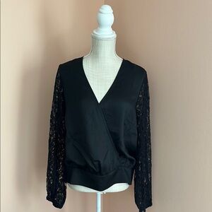 INC International Concepts Black Lace Wrap Blouse Size L Business Casual Goth